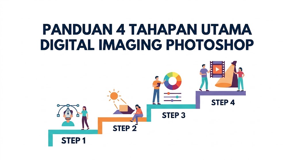 4 langkah utama mempelajari digital imaging Photoshop untuk pemula, mulai dari seleksi hingga color grading