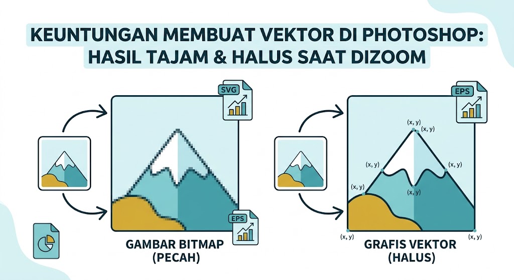Ilustrasi perbandingan keunggulan hasil membuat vektor di photoshop yang tajam dibanding gambar bitmap yang pecah saat diperbesar