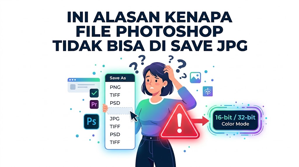 Ilustrasi desainer yang kebingungan mencari alasan teknis tentang kenapa file photoshop tidak bisa di save jpg secara langsung karena mode warna 16-bit.