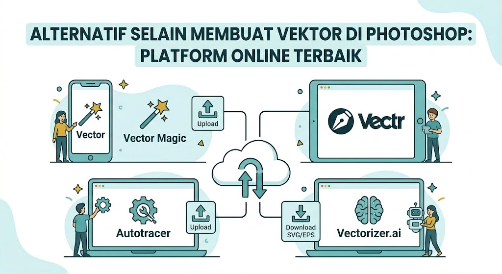Ilustrasi daftar situs alternatif untuk membuat vektor di photoshop secara online dan gratis bagi yang tidak memiliki perangkat keras laptop mumpuni
