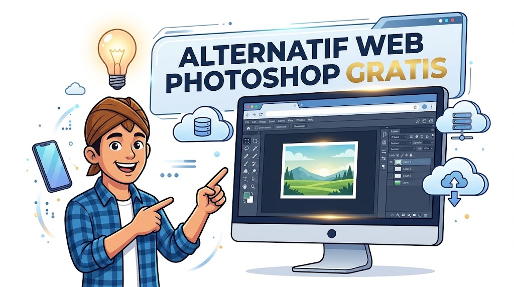 alternatif-web-photopea-photoshop-gratis-pc Ilustrasi menggunakan Photopea via web browser sebagai alternatif Photoshop gratis yang sangat mirip aslinya.