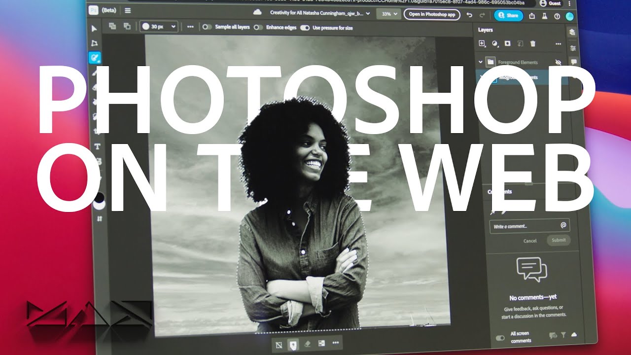 Mengenal tampilan ruang kerja dan alat-alat pengeditan dasar yang tersedia di dalam Photoshop website.