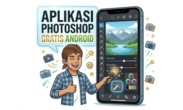 Ilustrasi mengedit foto menggunakan aplikasi alternatif Photoshop gratis Android melalui layar smartphone.
