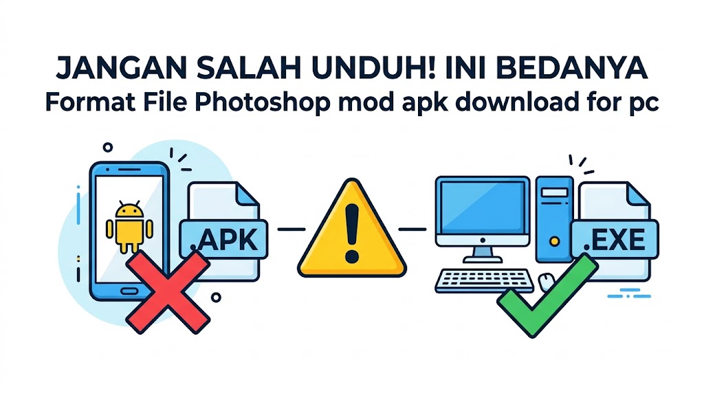 membedakan file .apk Android dan .exe Windows untuk photoshop mod apk download for pc agar tidak salah instal.