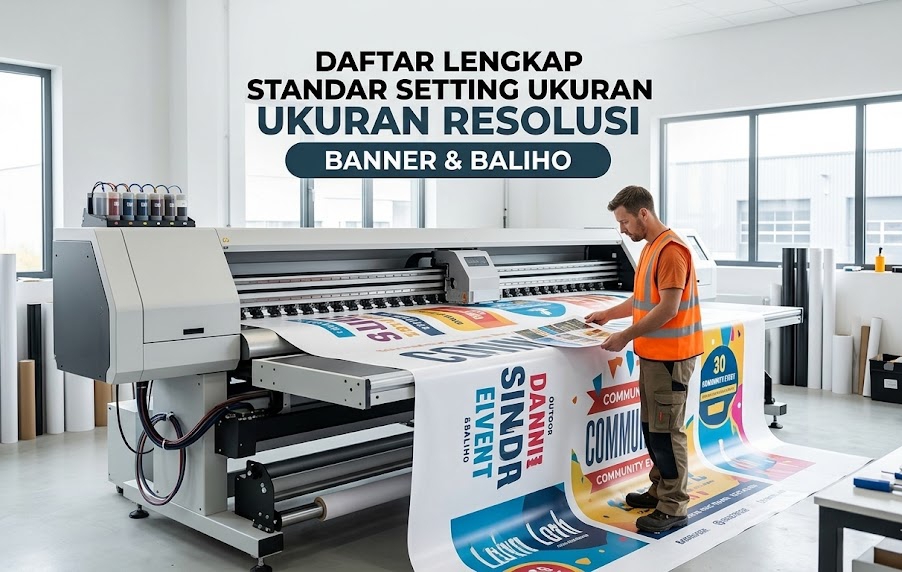 Operator cetak sedang memeriksa hasil cetakan spanduk besar untuk memastikan resolusi gambar sesuai ukuran resolusi cetak