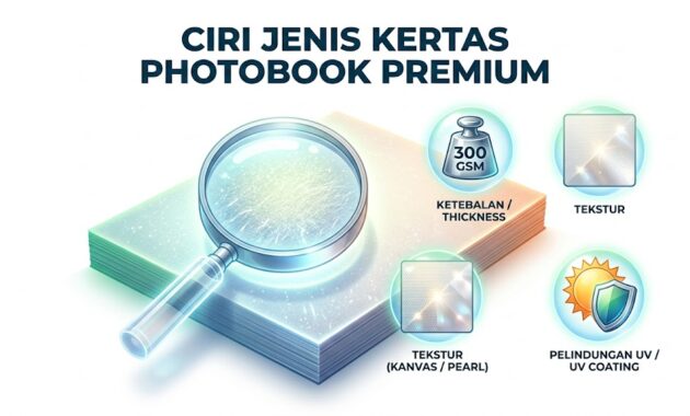 Ilustrasi karakteristik ketebalan dan tekstur yang membedakan kualitas jenis kertas photobook premium di percetakan.