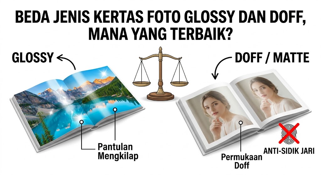 Ilustrasi perbandingan kelebihan dan kekurangan hasil cetak antara glossy dan doff dalam memilih jenis kertas photobook.