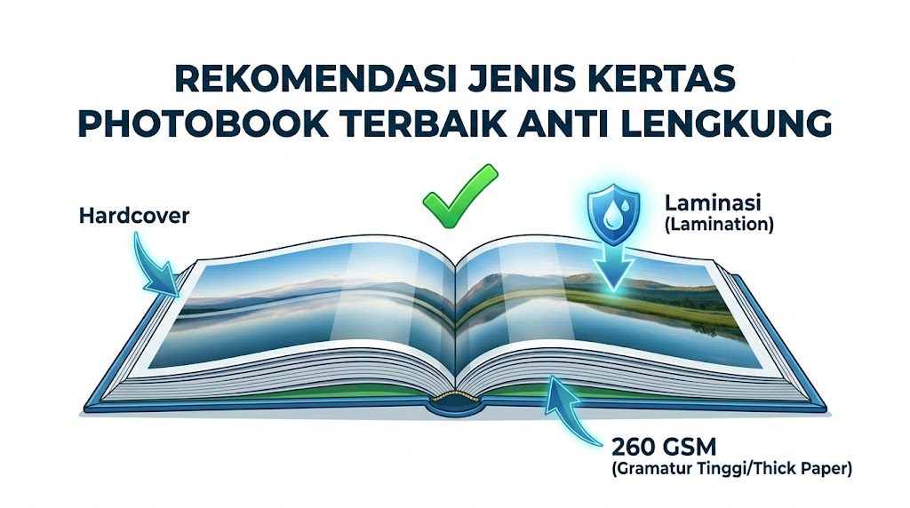 rekomendasi bahan tebal, jilid layflat, dan laminasi pelindung anti melengkung pada jenis kertas photobook.