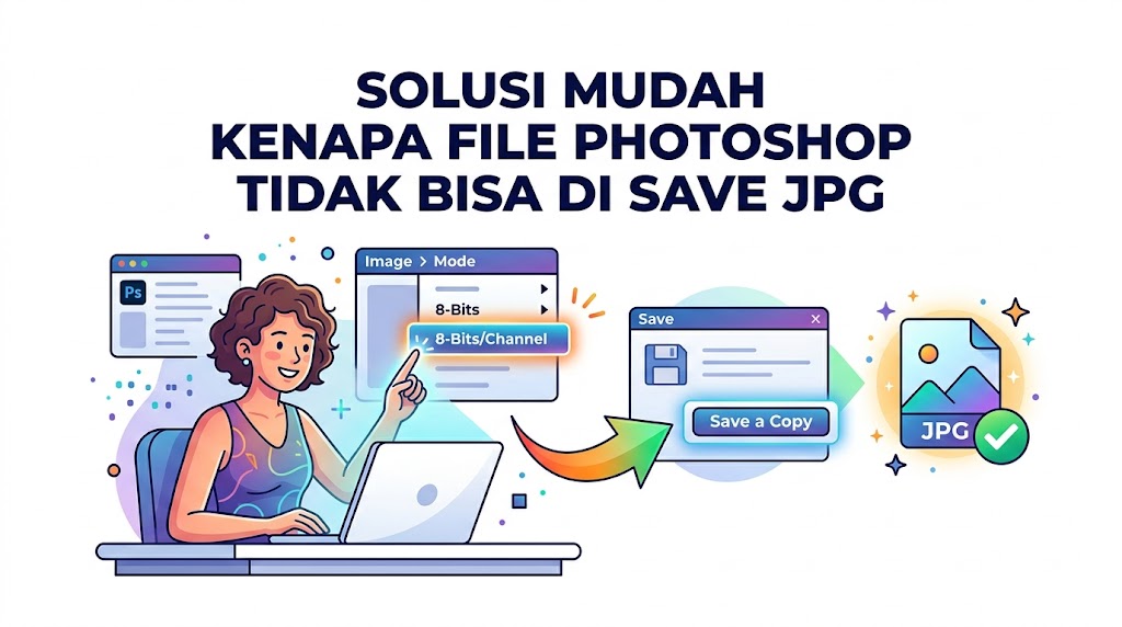 solusi cepat mengubah pengaturan warna ke 8-bit saat kalian bingung mencari tahu kenapa file photoshop tidak bisa di save jpg.