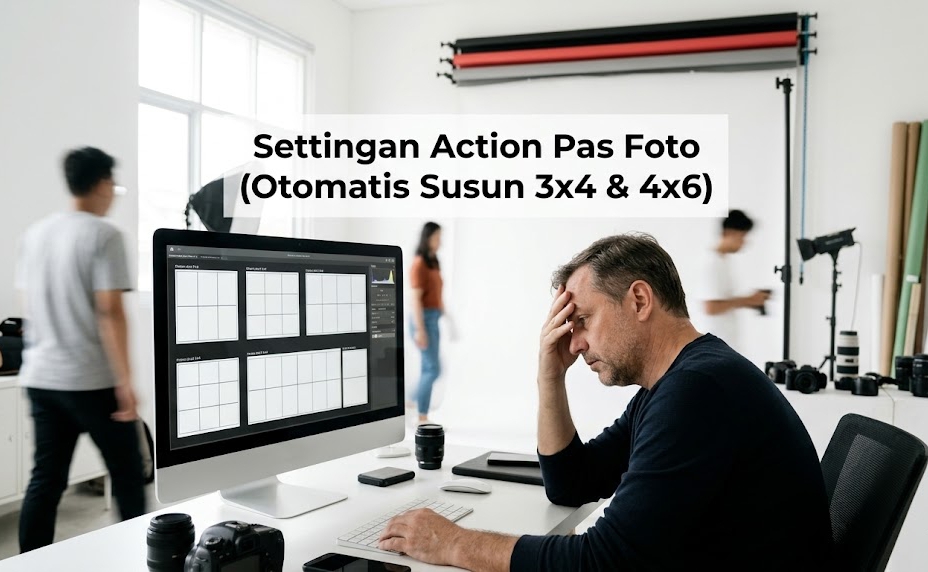 Solusi antrean studio dengan Action Pas Foto untuk menyusun puluhan grid gambar secara otomatis.