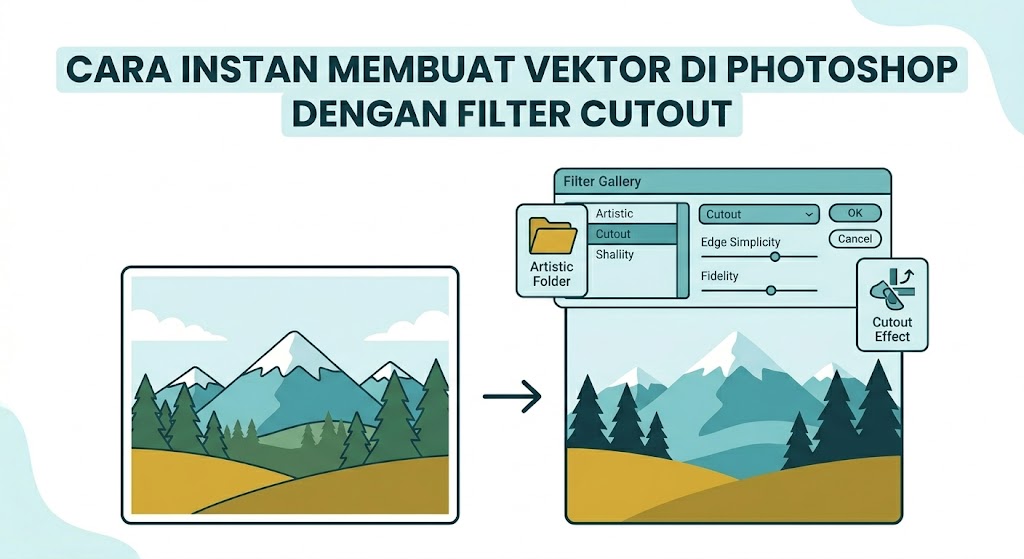 Ilustrasi proses instan membuat vektor di photoshop menggunakan trik efek Cutout dari Filter Gallery untuk hasil artistik yang cepat