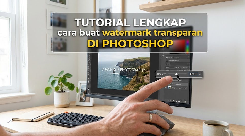 Tutorial lengkap cara buat watermark transparan di Photoshop menggunakan fitur opacity.