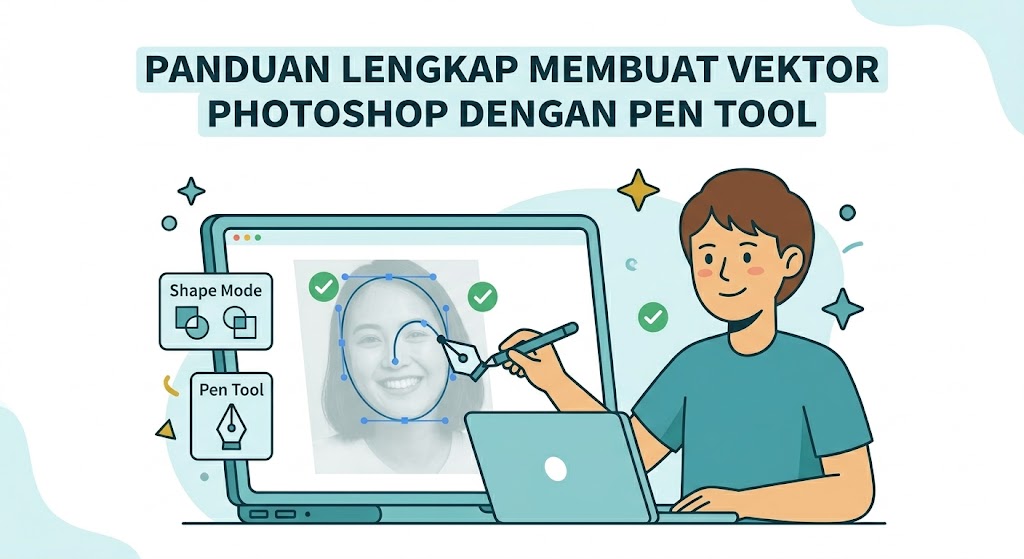 Panduan visual langkah demi langkah membuat vektor di photoshop secara manual menggunakan fitur Pen Tool dengan hasil yang presisi.