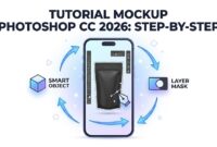 Ilustrasi panduan step-by-step cara membuat mockup produk kemasan kopi menggunakan fitur smart object di Photoshop CC 2026