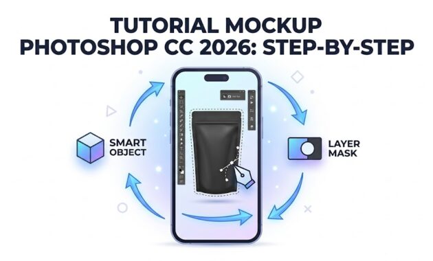 Ilustrasi panduan step-by-step cara membuat mockup produk kemasan kopi menggunakan fitur smart object di Photoshop CC 2026