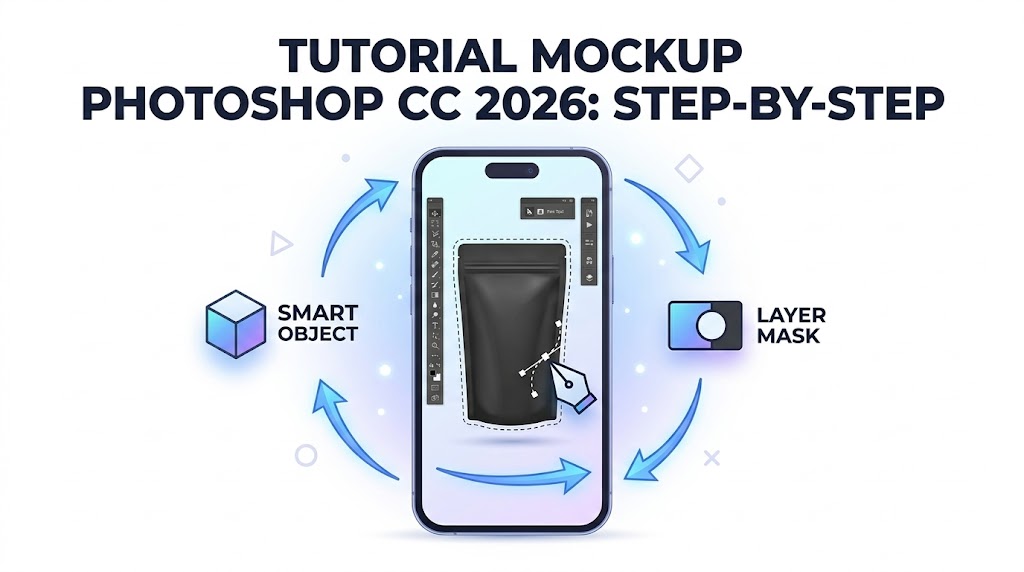 Ilustrasi panduan step-by-step cara membuat mockup produk kemasan kopi menggunakan fitur smart object di Photoshop CC 2026